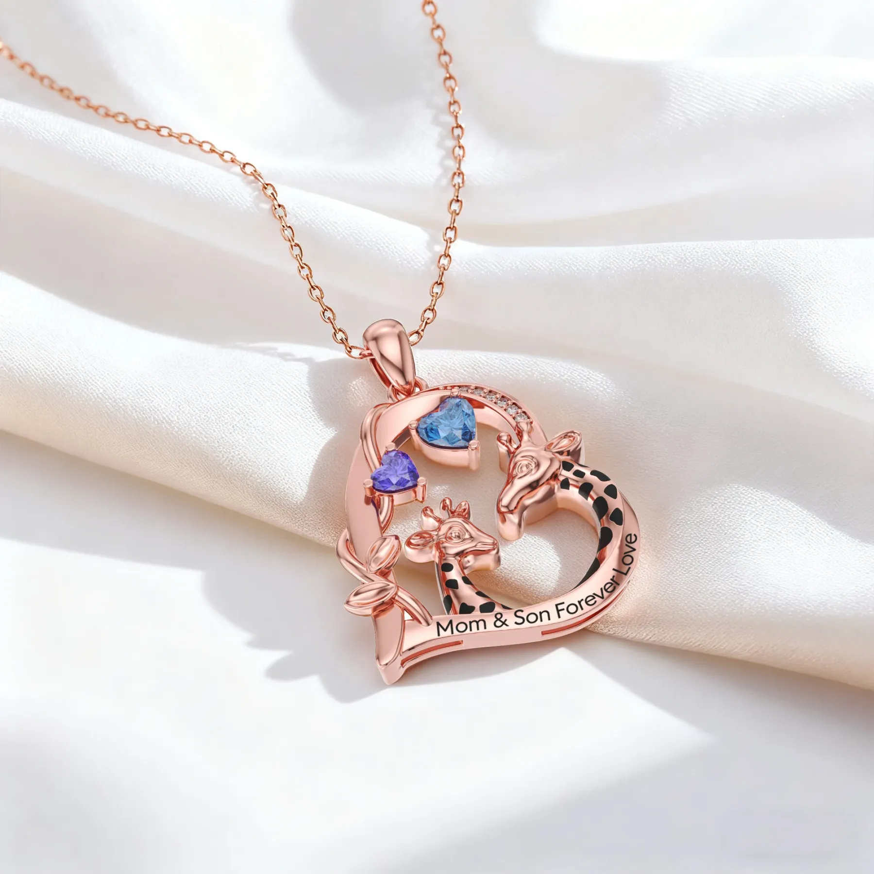 Custom Mom and Child Giraffe Heart Birthstone Giraffe Necklace
