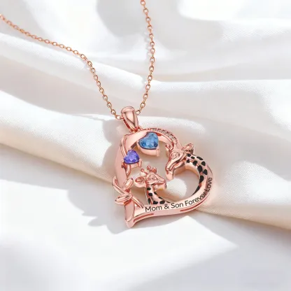 Custom Mom and Child Giraffe Heart Birthstone Giraffe Necklace