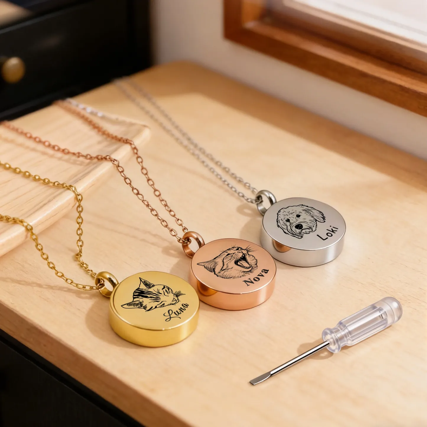 Custom Pet Portrait Round Cremation Urn Necklace for Ashes Cremation