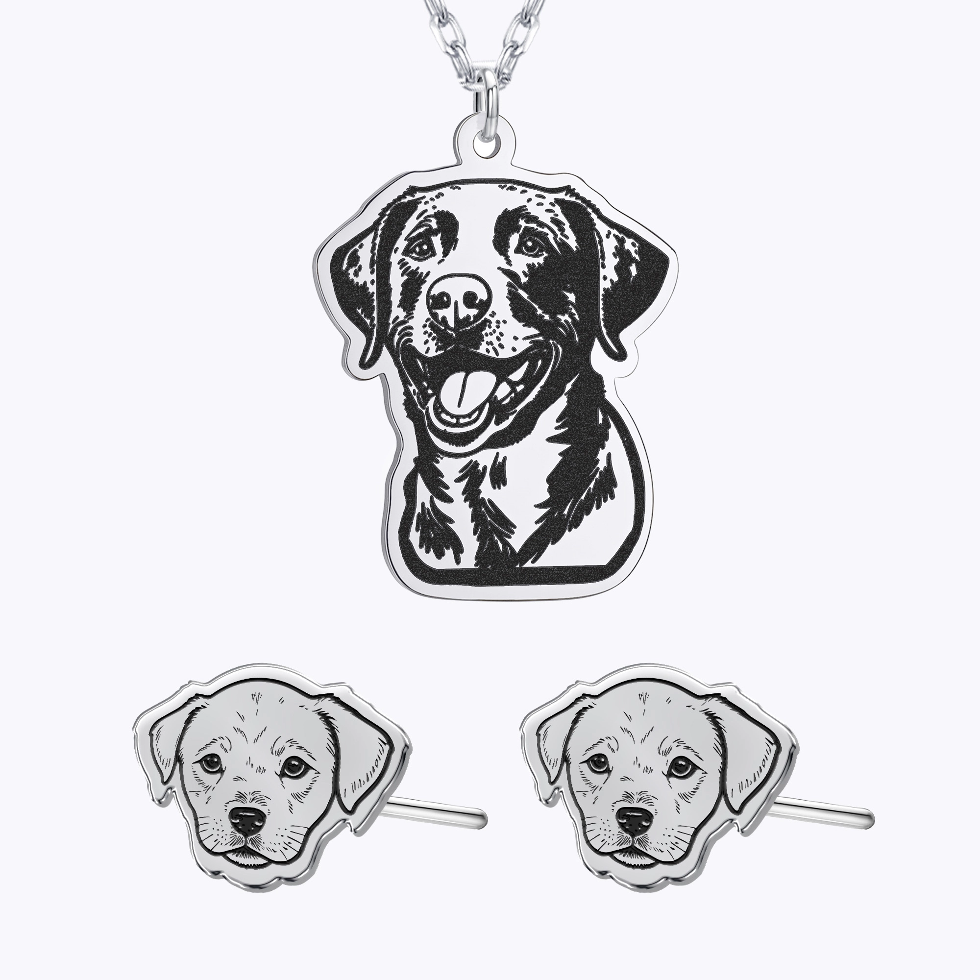 Custom Dog Cat Portrait Pendant Necklace and Pet Face Photo Studs