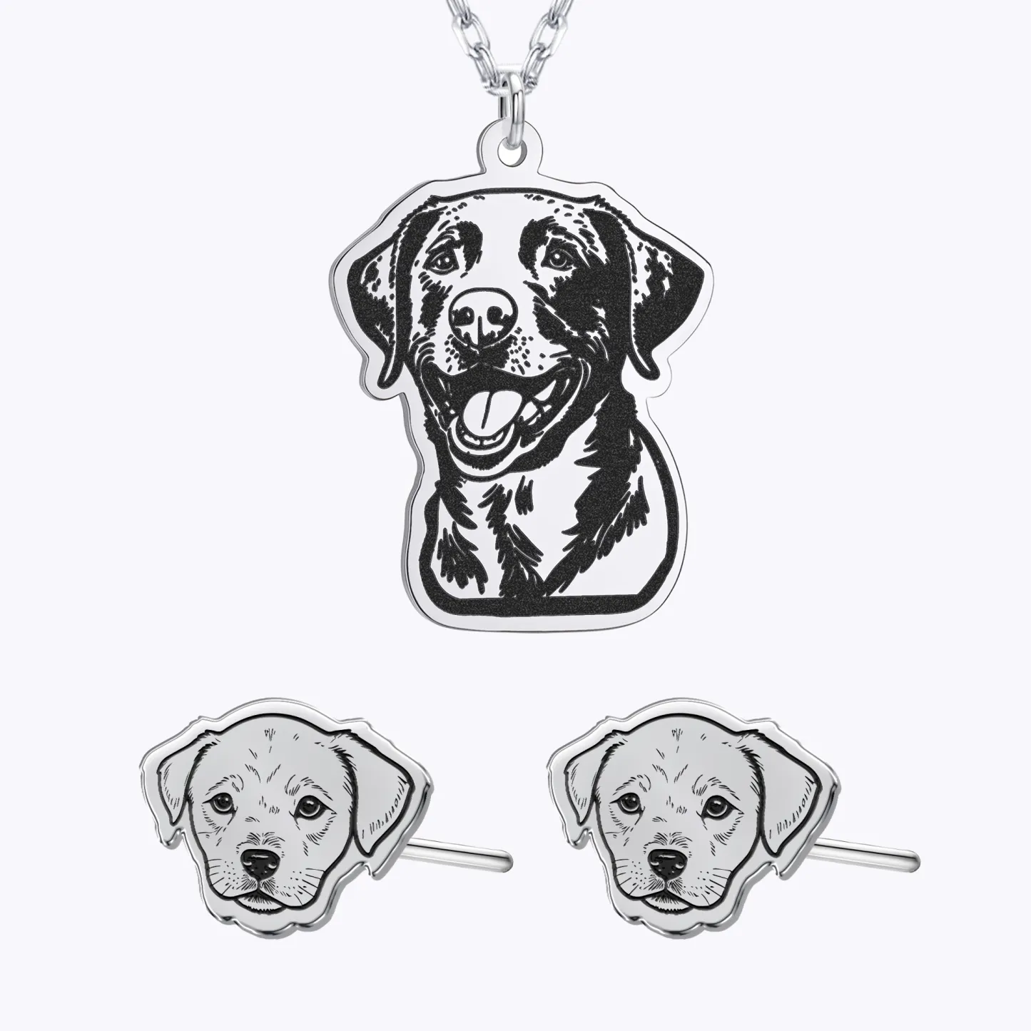 Custom Dog Cat Portrait Pendant Necklace and Pet Face Photo Studs