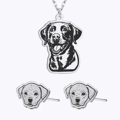 Custom Dog Cat Portrait Pendant Necklace and Pet Face Photo Studs