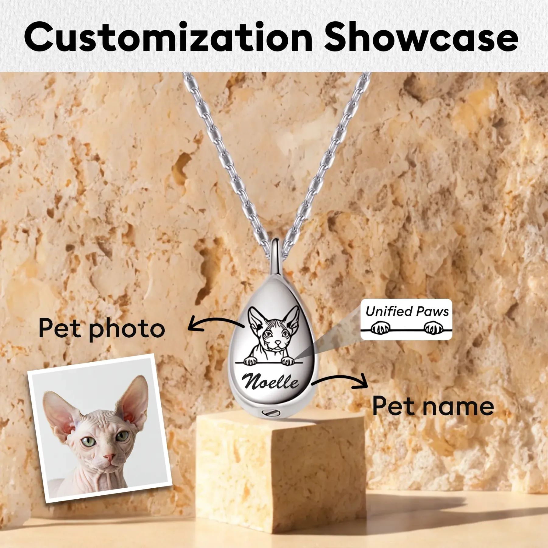 Custom Teardrop Pet Memorial Urn Necklace with Engraved Portrait & Name