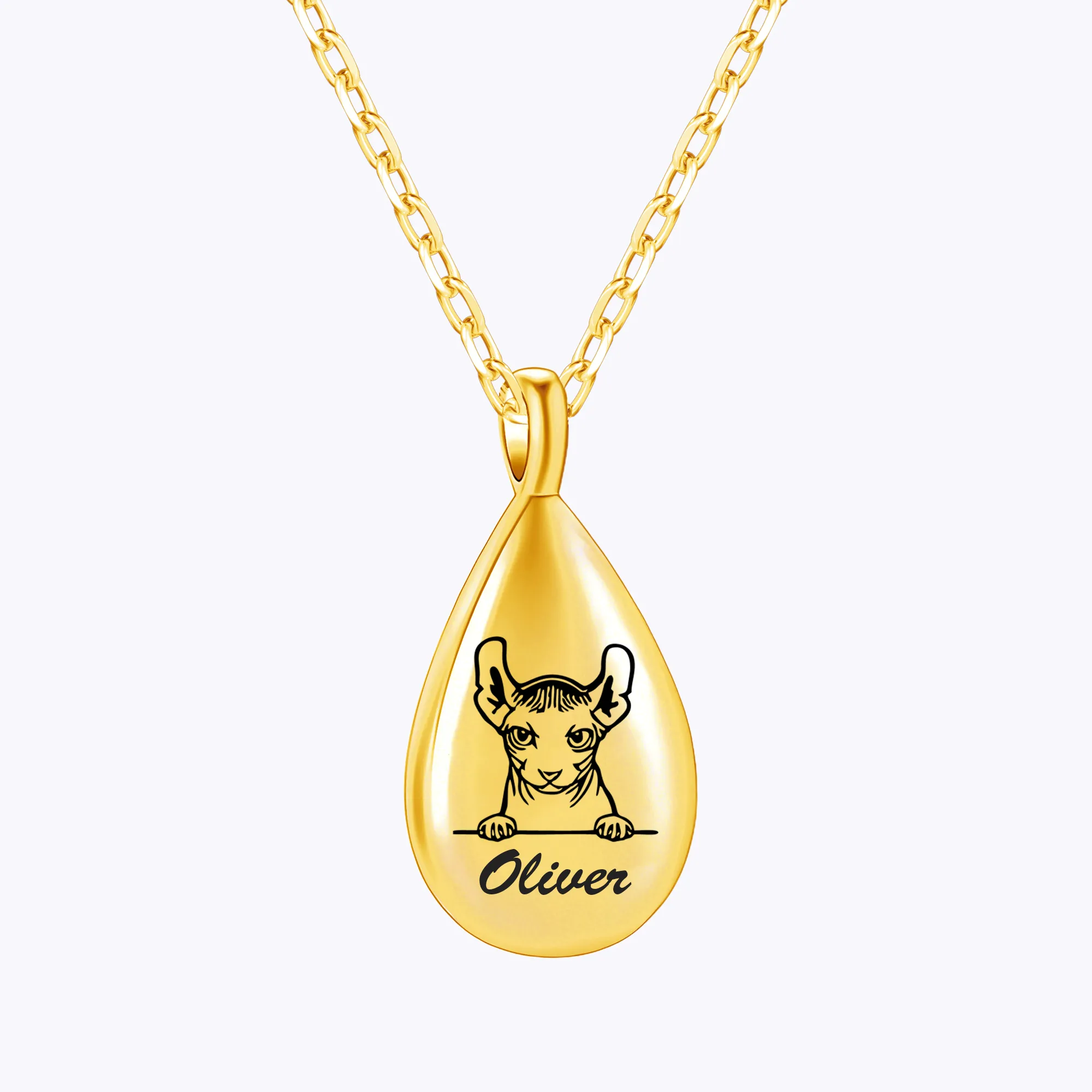 Custom Teardrop Pet Memorial Urn Necklace with Engraved Portrait & Name