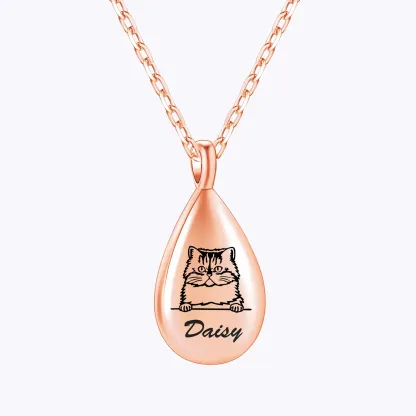 Custom Teardrop Pet Memorial Urn Necklace with Engraved Portrait & Name