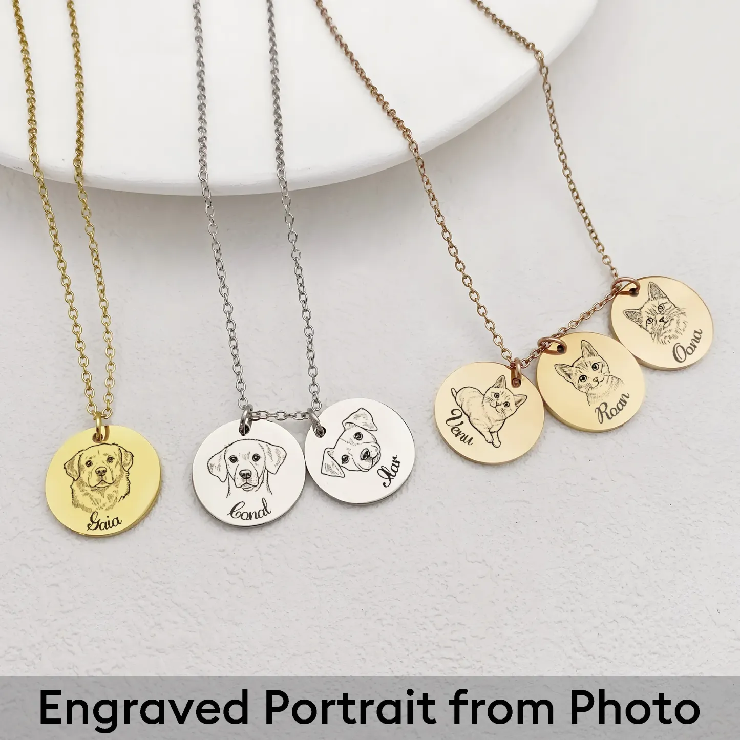 Custom Round Pendant Necklace with Pet Portrait & Name