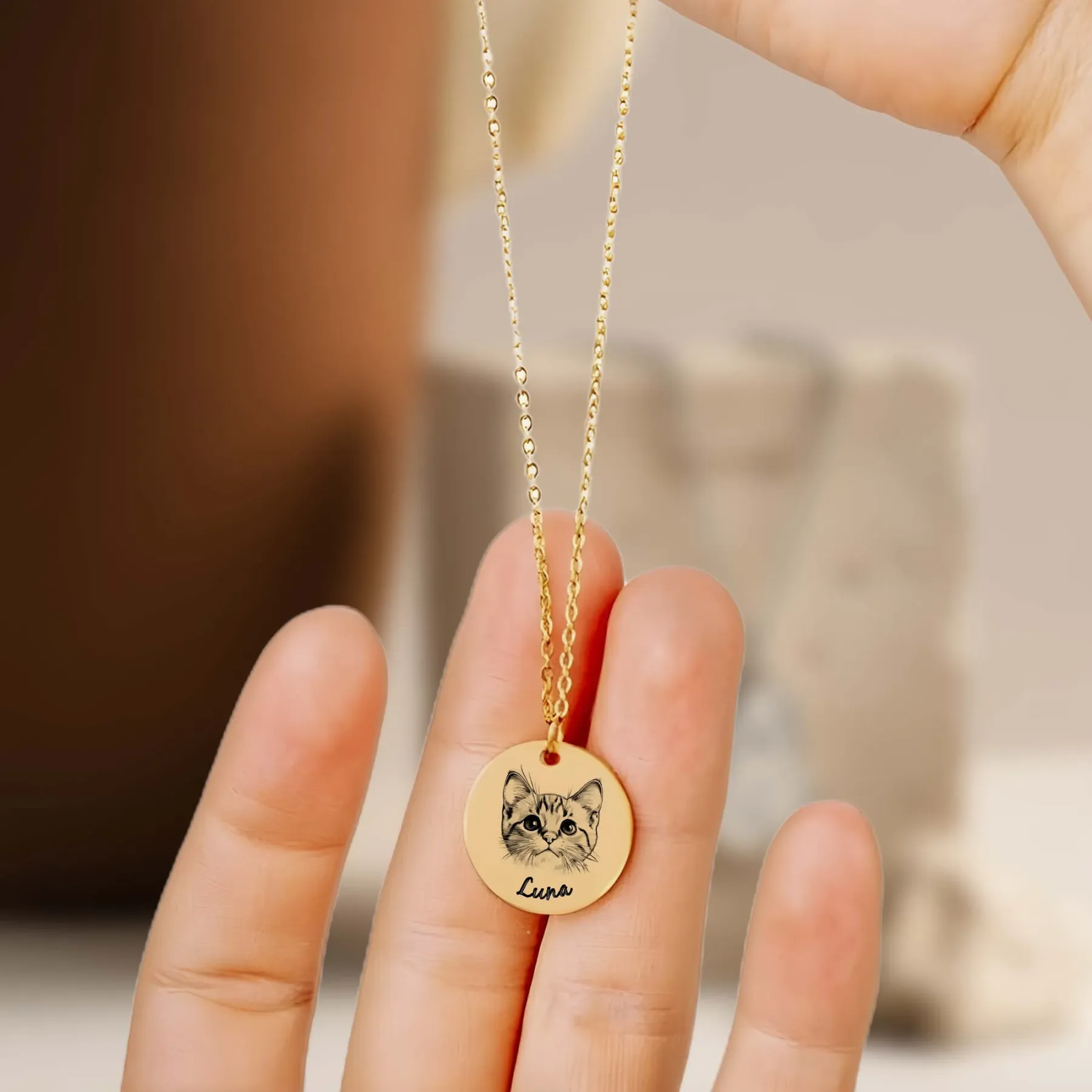 Custom Round Pendant Necklace with Pet Portrait & Name