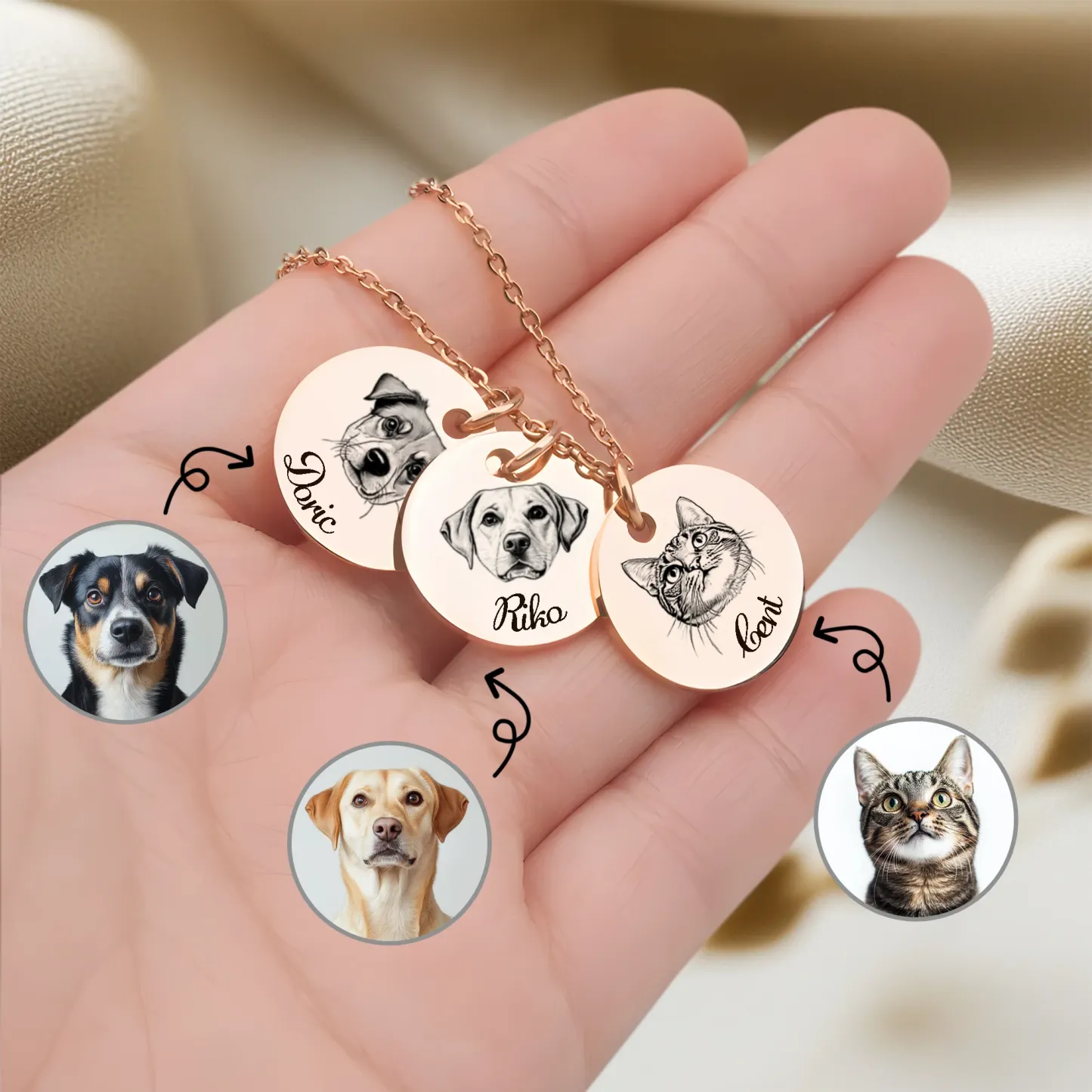 Custom Round Pendant Necklace with Pet Portrait & Name
