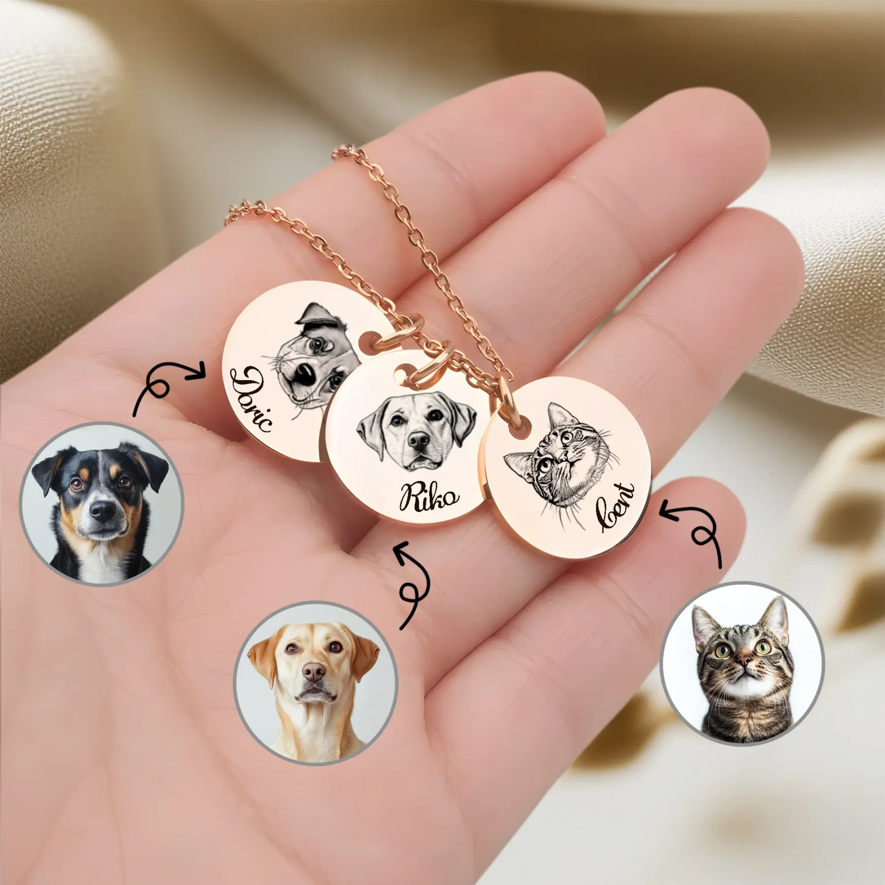 Custom Round Pendant Necklace with Pet Portrait & Name