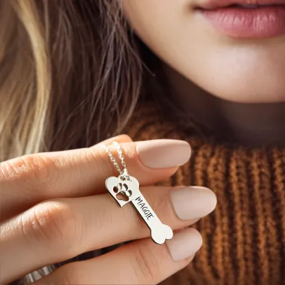 Custom Bone Shape Name Necklace with Paw Pattern
