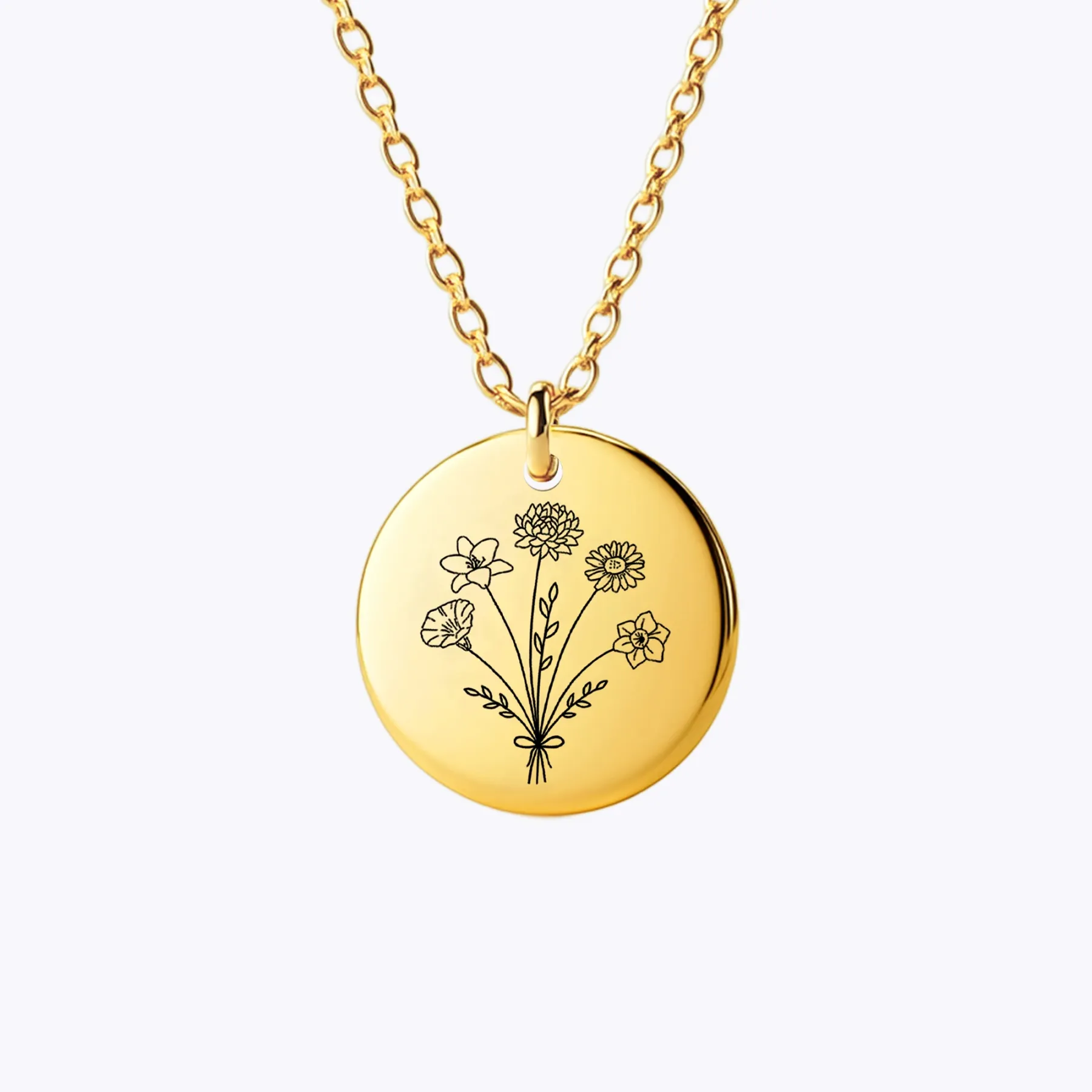 Personalized 1-5 Birth Flowers Round Pendant Necklace