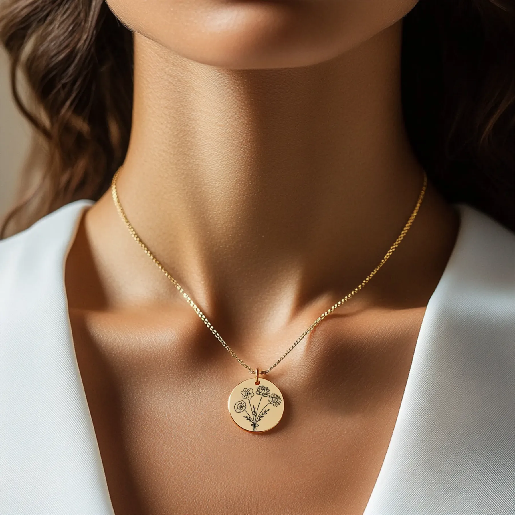 Personalized 1-5 Birth Flowers Round Pendant Necklace