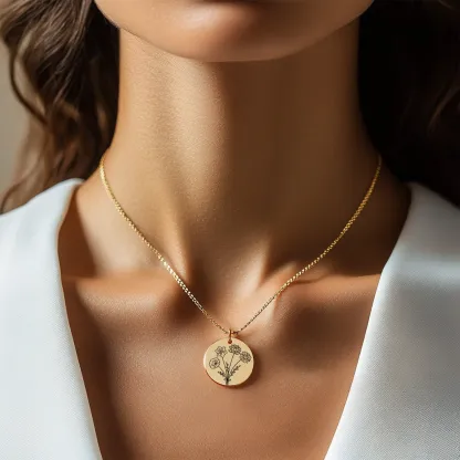Personalized 1-5 Birth Flowers Round Pendant Necklace