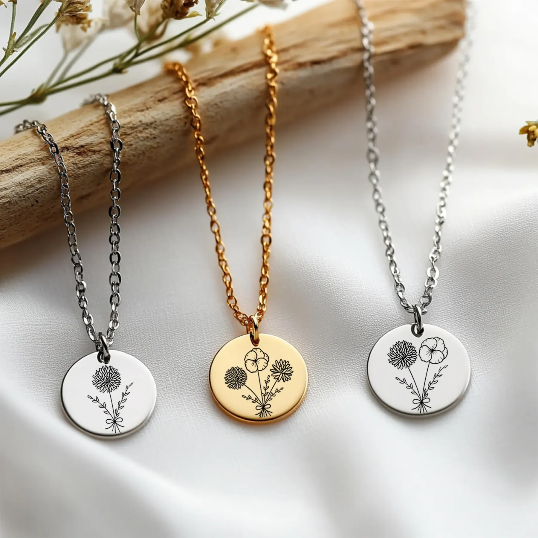 Personalized 1-5 Birth Flowers Round Pendant Necklace