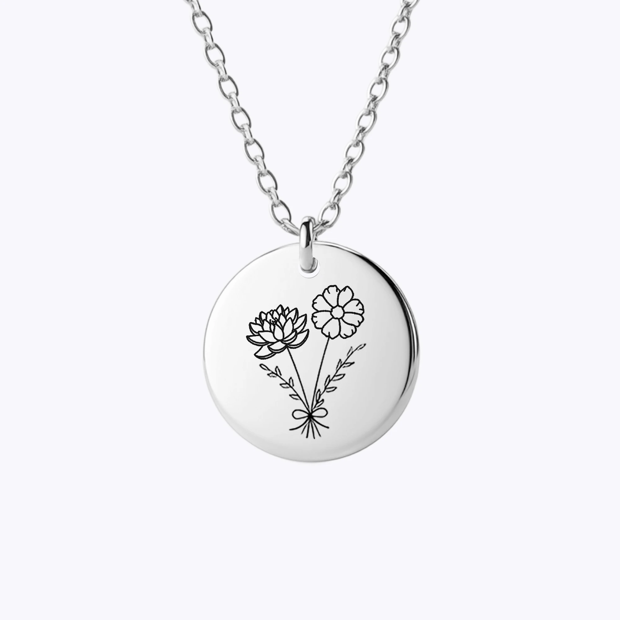 Personalized 1-5 Birth Flowers Round Pendant Necklace