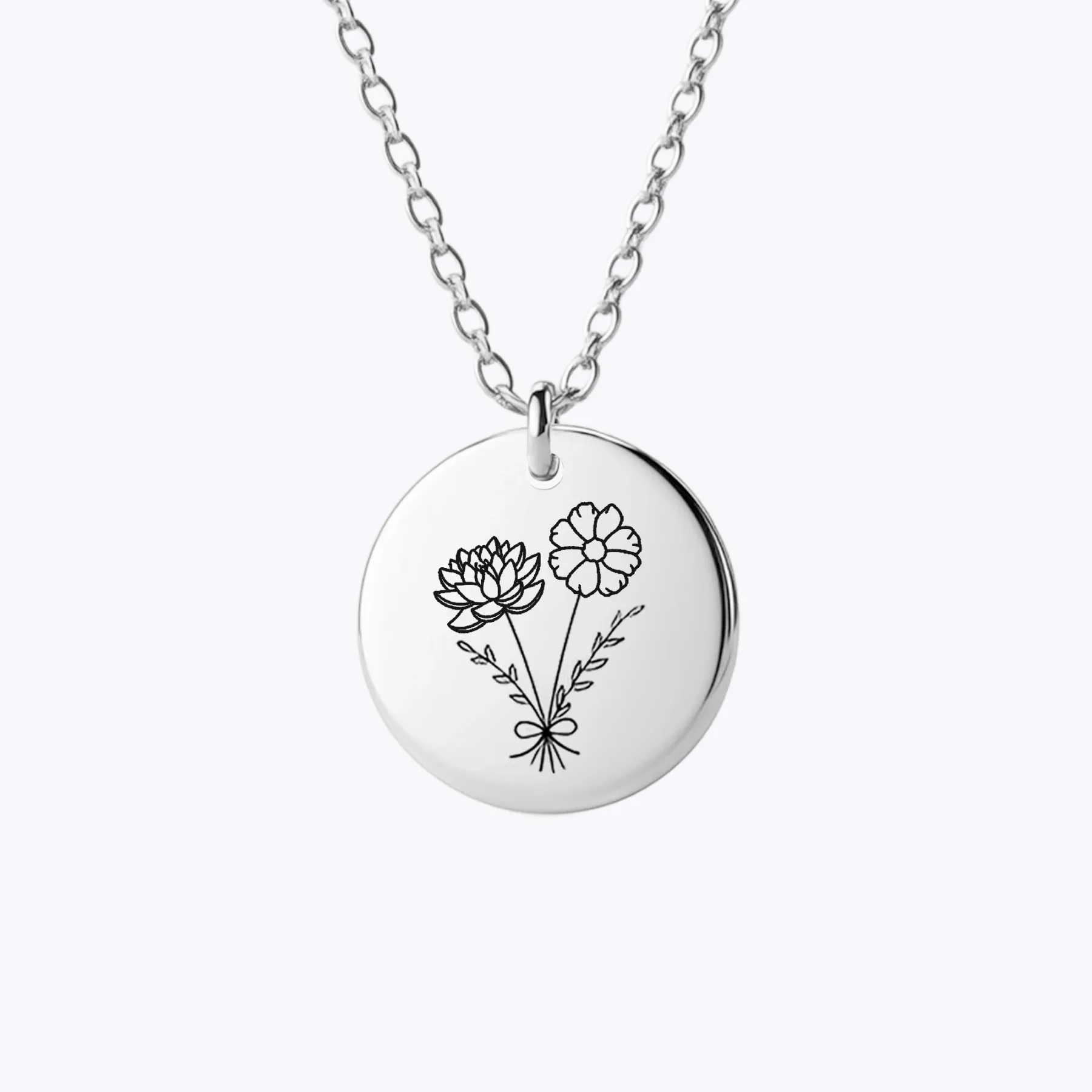 Personalized 1-5 Birth Flowers Round Pendant Necklace