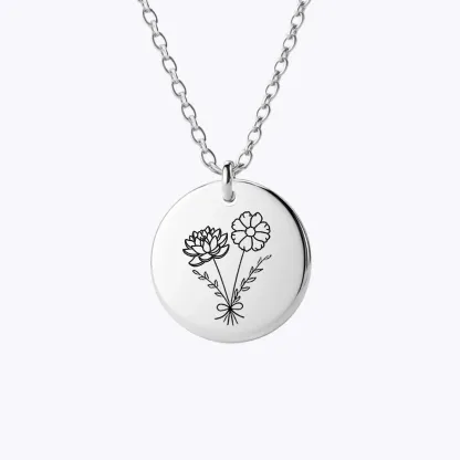 Personalized 1-5 Birth Flowers Round Pendant Necklace