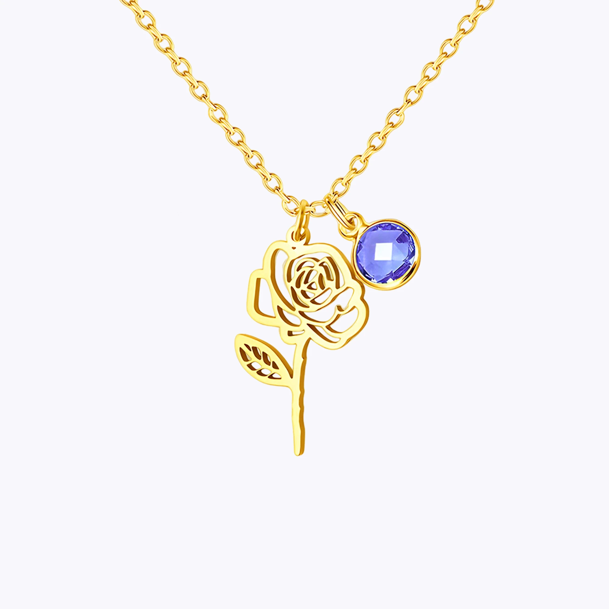 Personalized Birth Flower Necklace with Round Birthstone