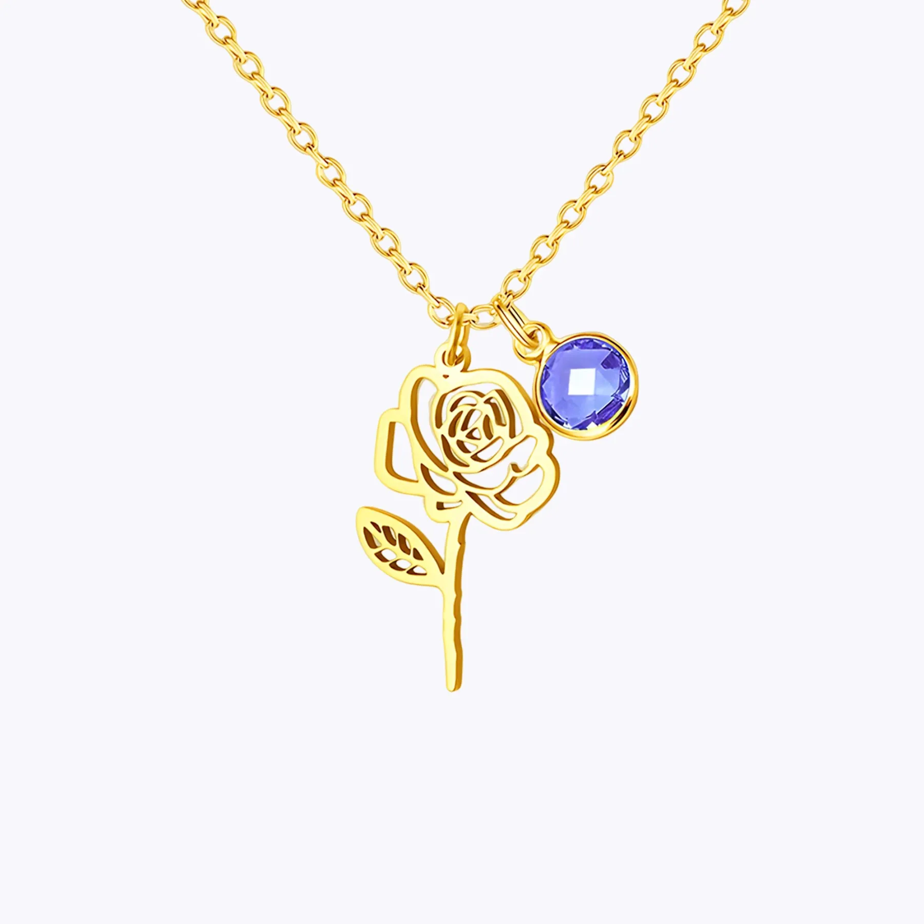 Personalized Birth Flower Necklace with Round Birthstone