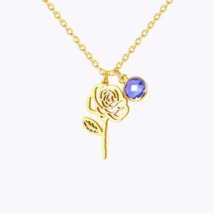 Personalized Birth Flower Necklace with Round Birthstone
