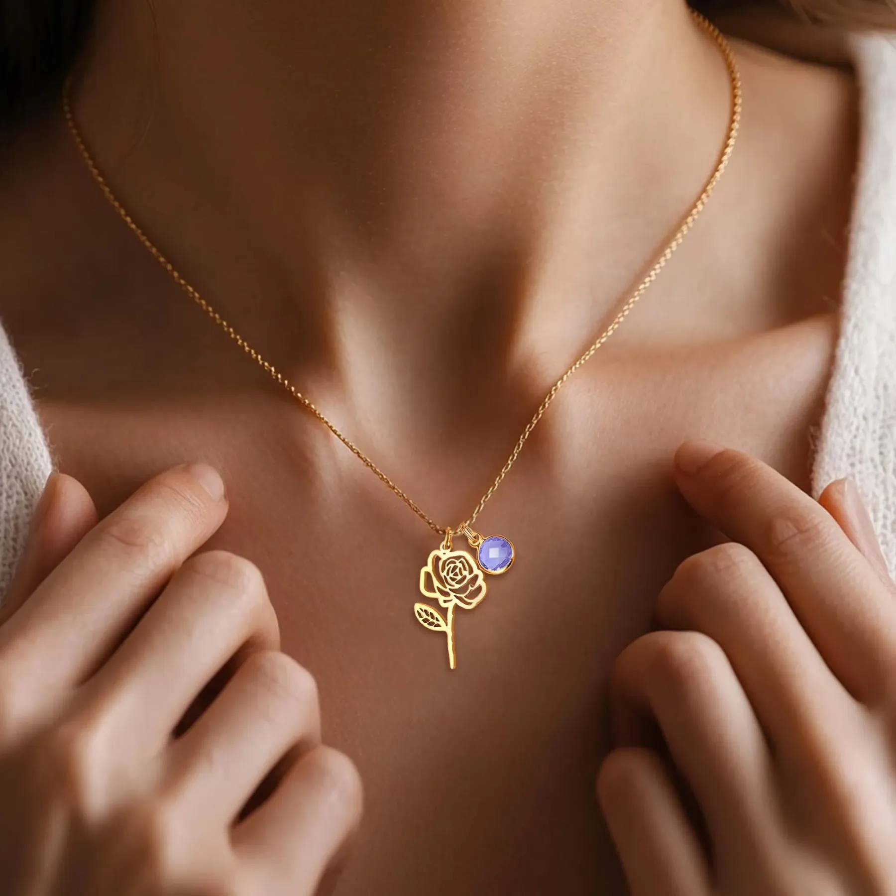 Personalized Birth Flower Necklace with Round Birthstone