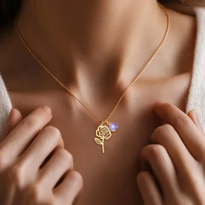Personalized Birth Flower Necklace with Round Birthstone