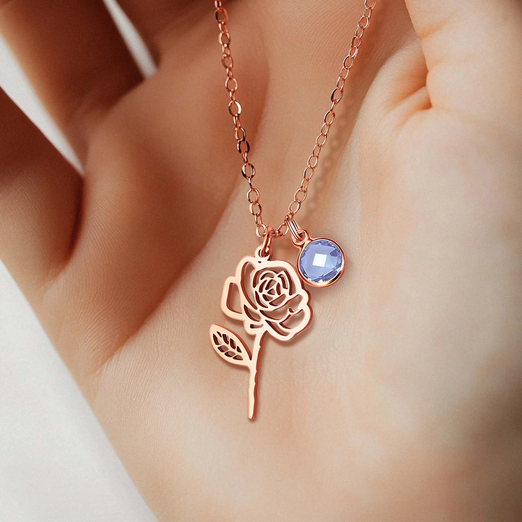 Personalized Birth Flower Necklace with Round Birthstone