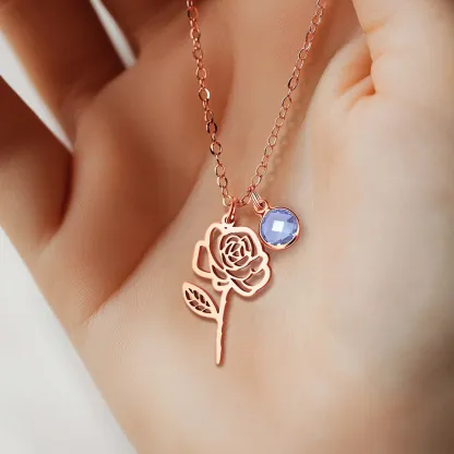 Personalized Birth Flower Necklace with Round Birthstone