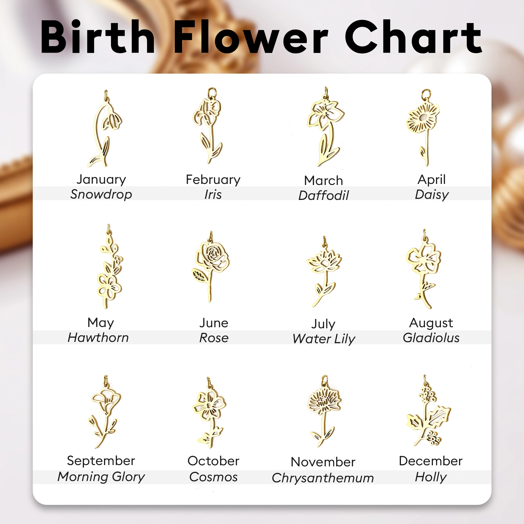 Personalized Birth Flower Necklace with Round Birthstone