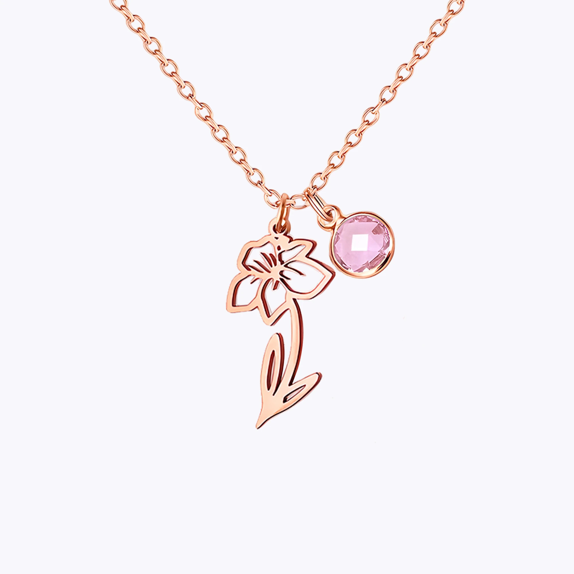 Personalized Birth Flower Necklace with Round Birthstone