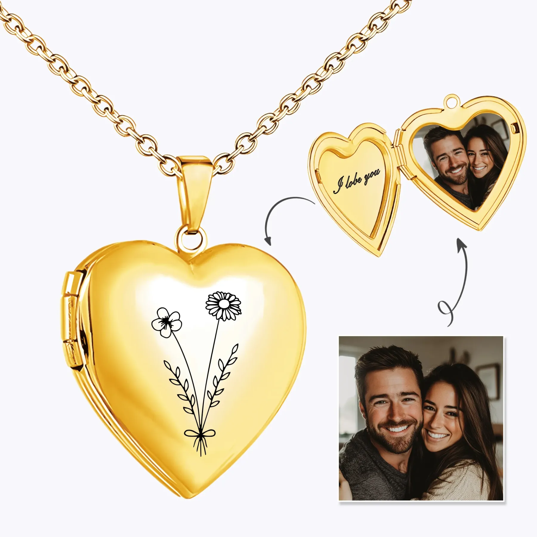 Birth Flower Heart Shape Locket Necklace with Hidden Photos