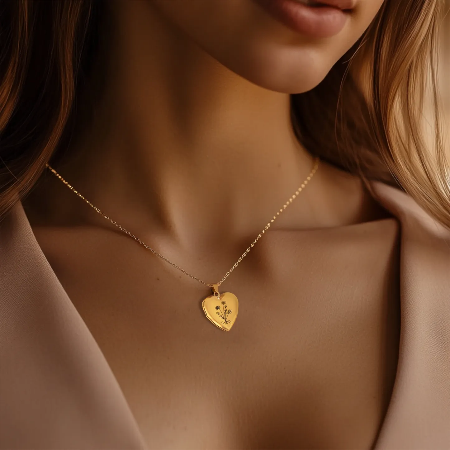 Birth Flower Heart Shape Locket Necklace with Hidden Photos