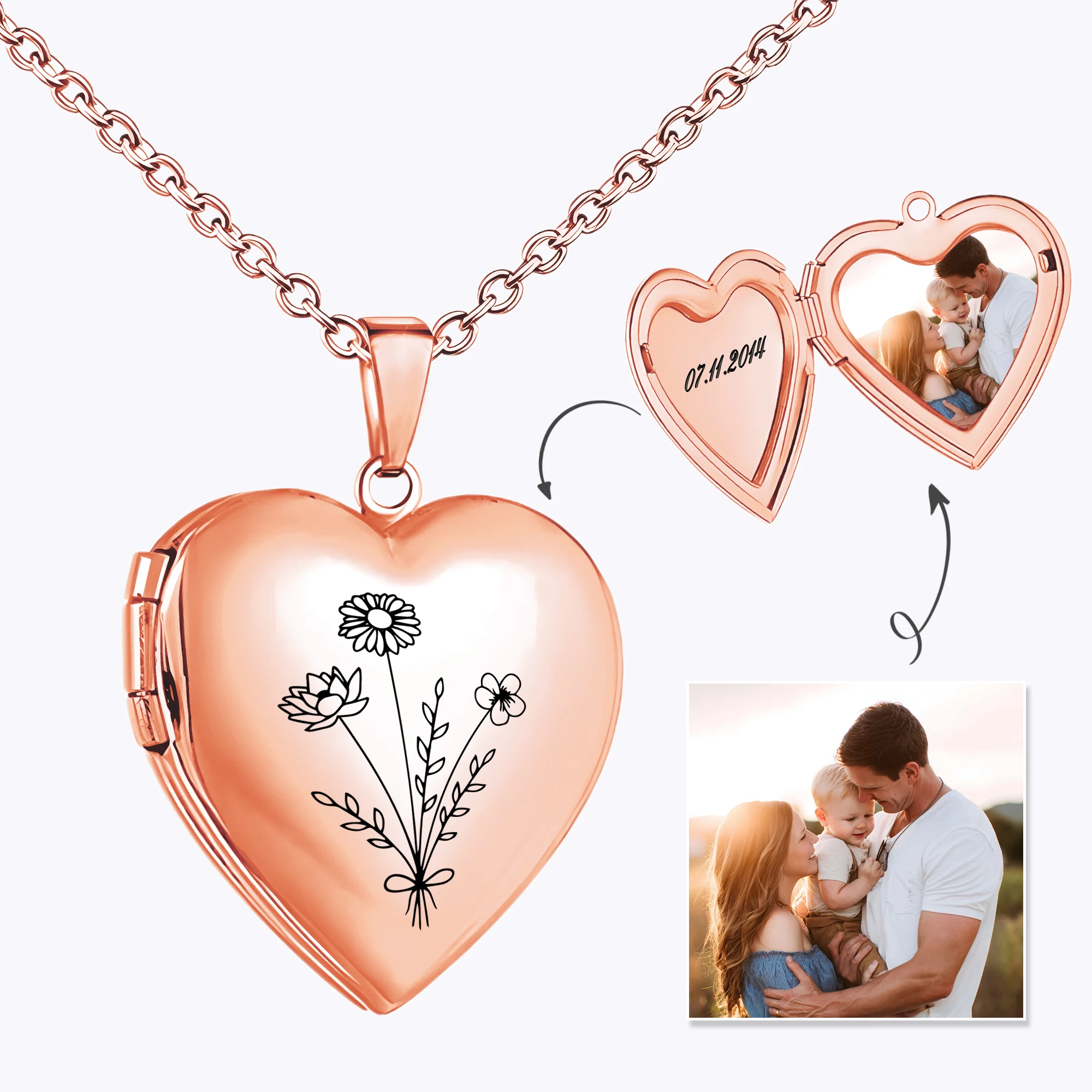 Birth Flower Heart Shape Locket Necklace with Hidden Photos
