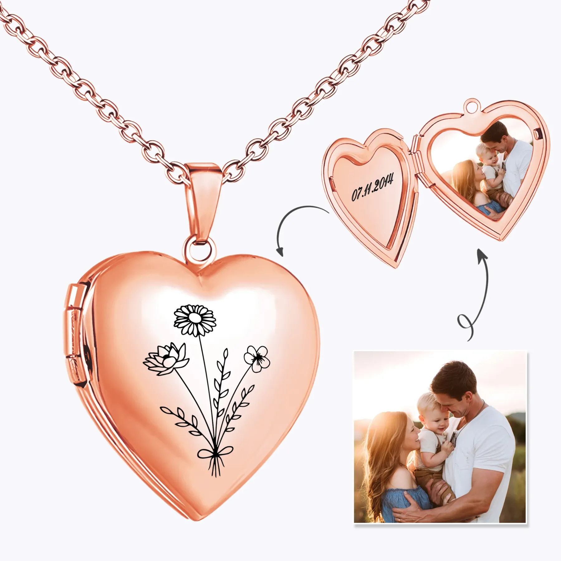 Birth Flower Heart Shape Locket Necklace with Hidden Photos
