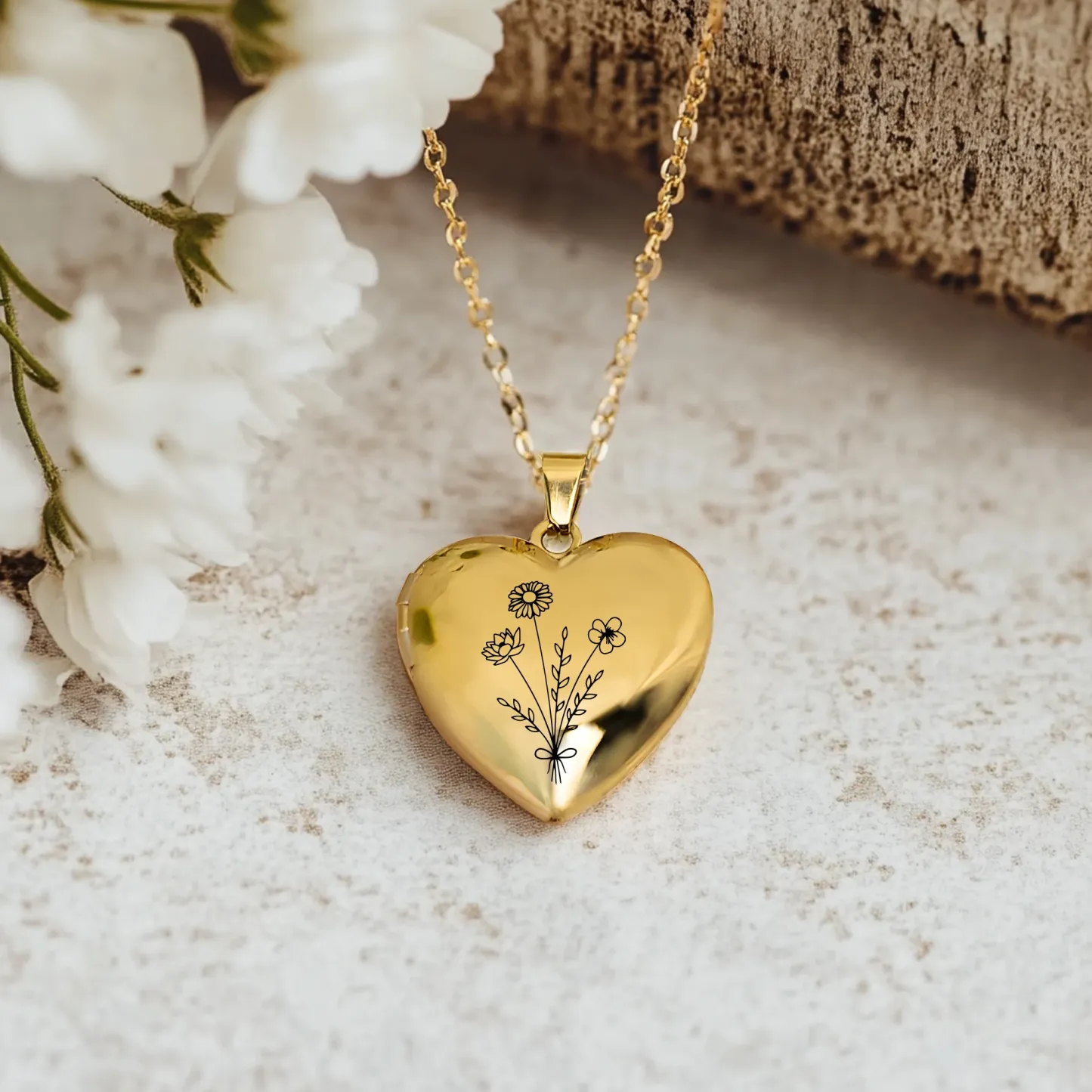 Birth Flower Heart Shape Locket Necklace with Hidden Photos
