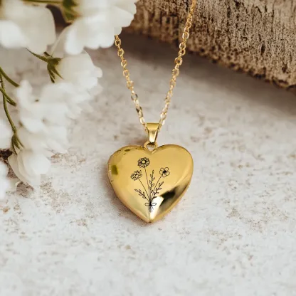 Birth Flower Heart Shape Locket Necklace with Hidden Photos