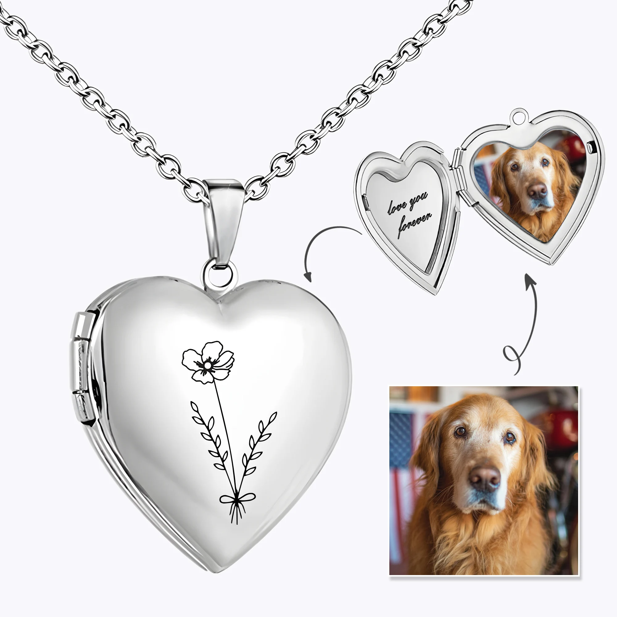 Birth Flower Heart Shape Locket Necklace with Hidden Photos
