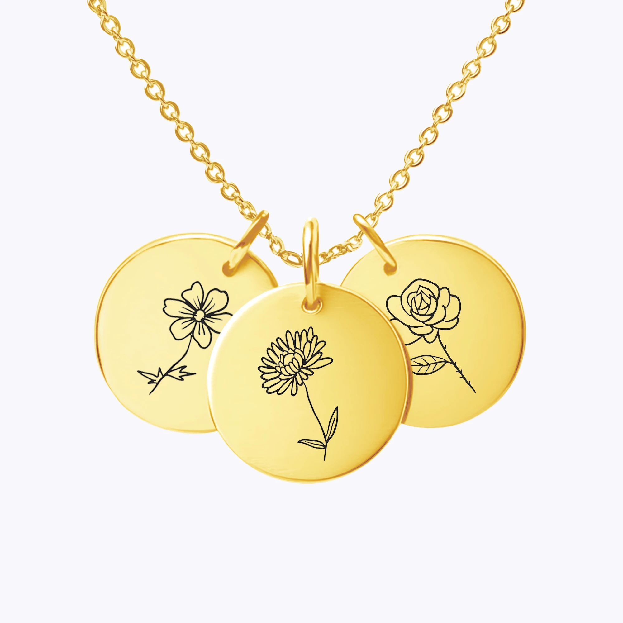Custom 1-8 Birth Flowers Round Pendant Necklace
