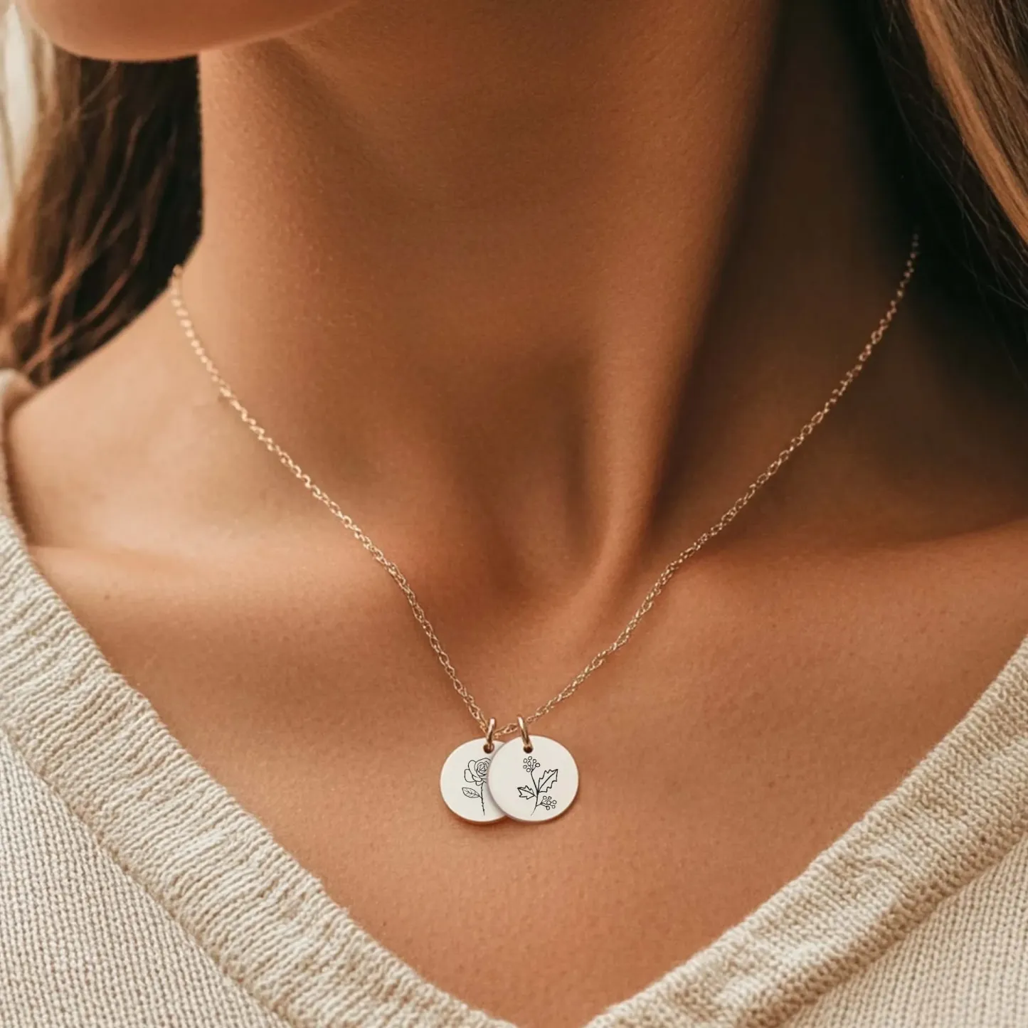 Custom 1-8 Birth Flower and Name Round Pendant Necklace