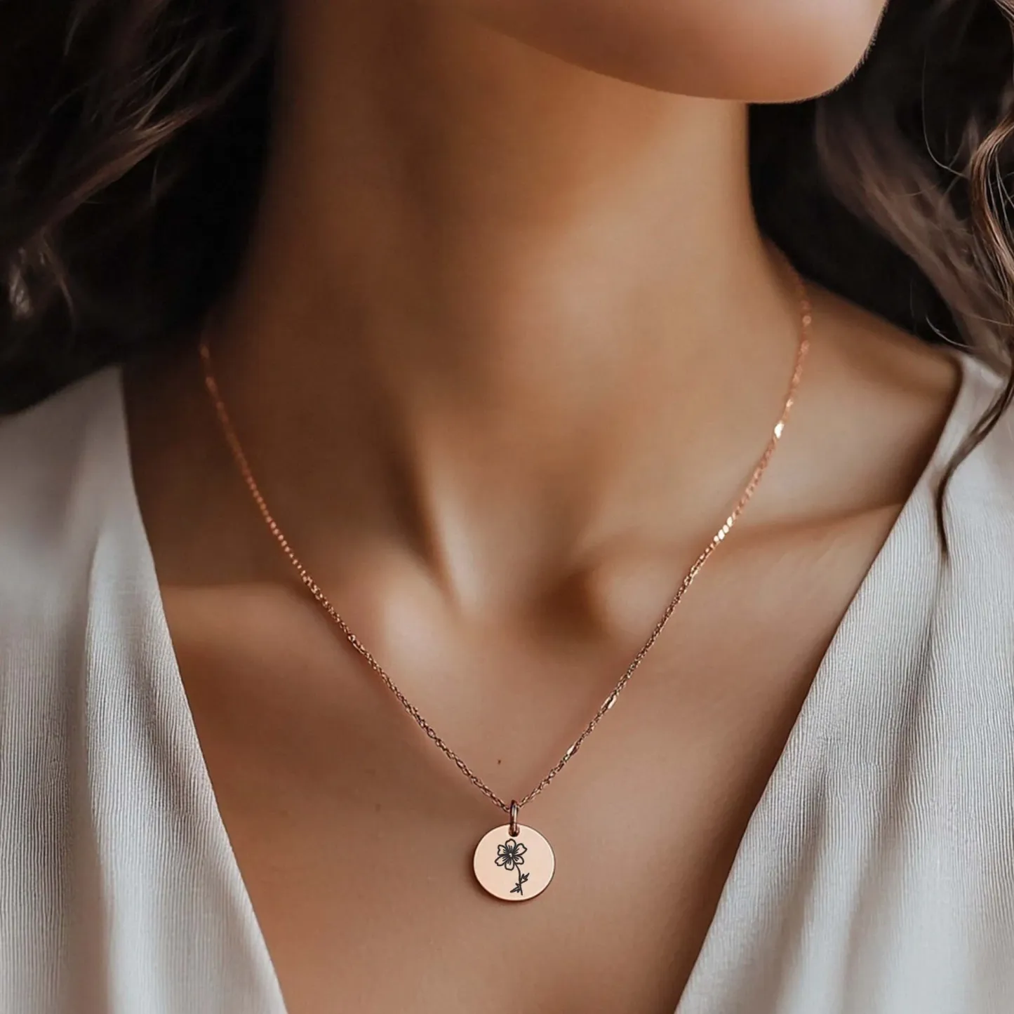 Personalized 1-5 Birth Flowers Round Pendant Necklace