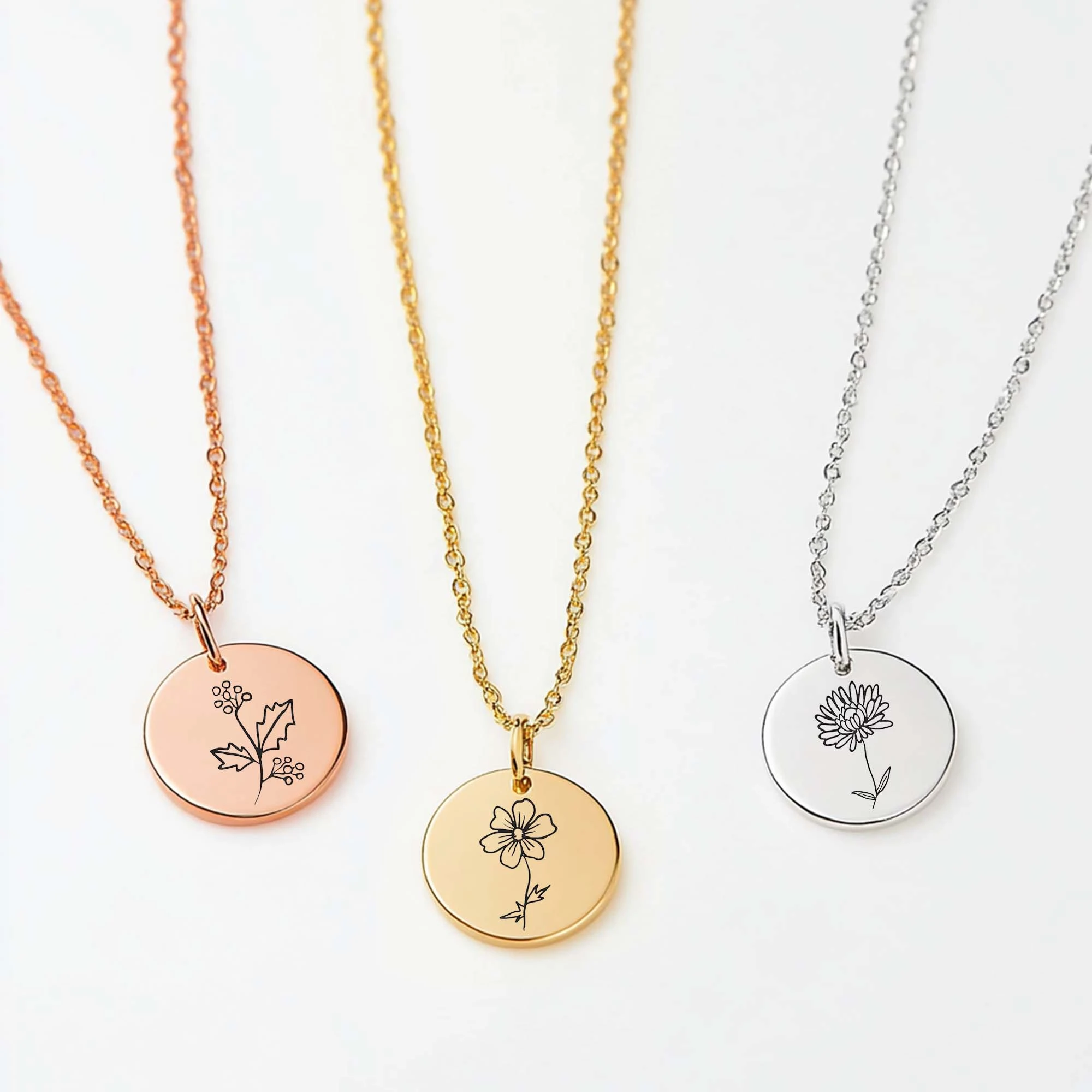 Custom 1-8 Birth Flower and Name Round Pendant Necklace
