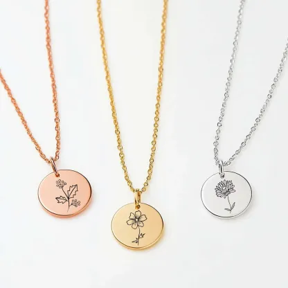 Custom 1-8 Birth Flower and Name Round Pendant Necklace
