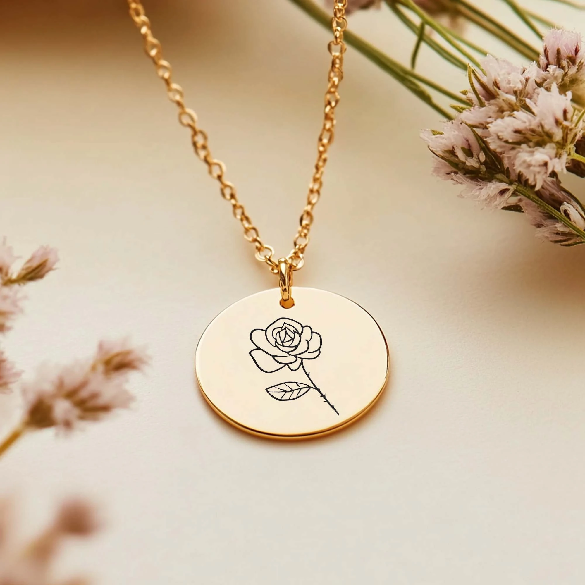 Custom 1-8 Birth Flower and Name Round Pendant Necklace