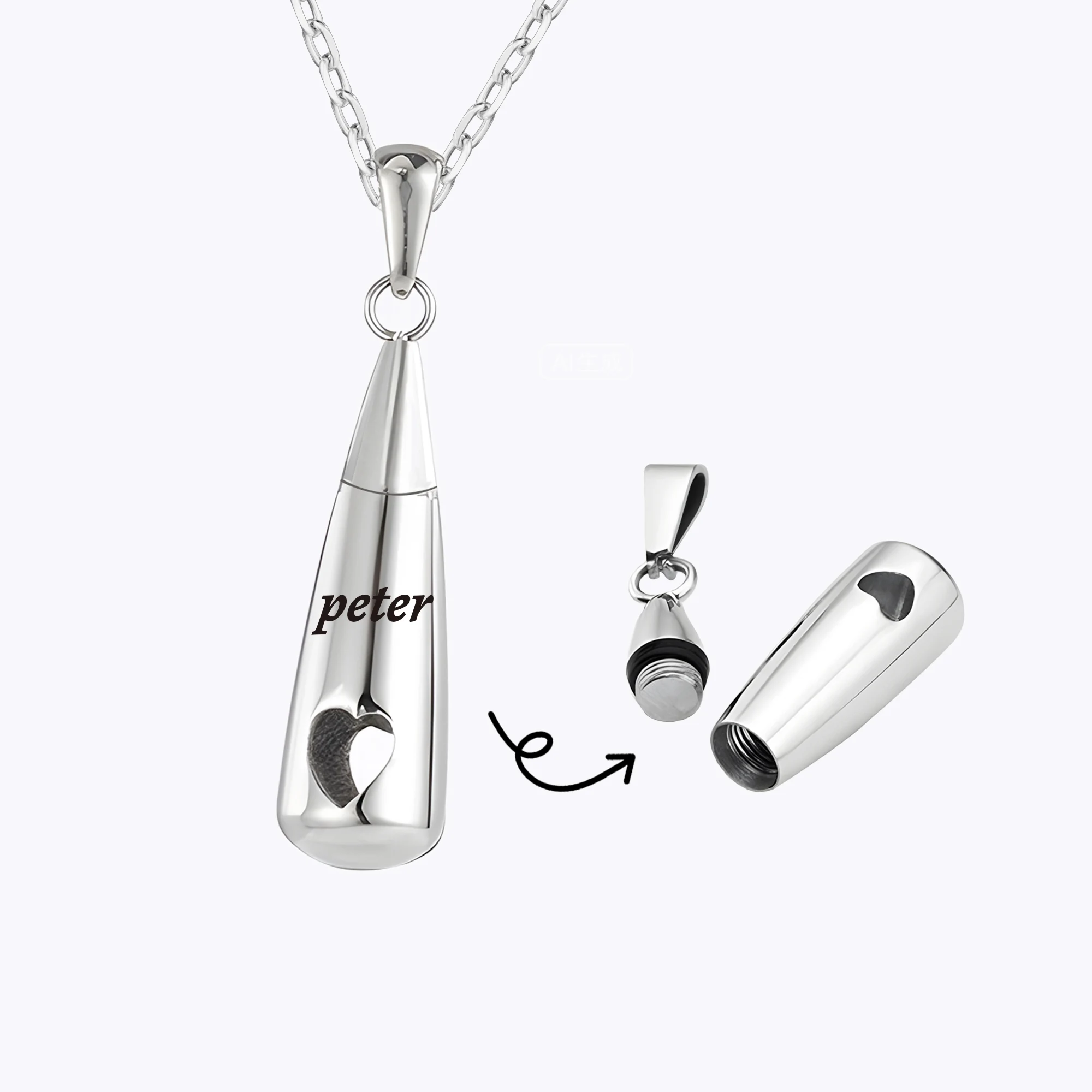 Personalized Teardrop Shape Heart Cutout Urn Necklace with Name