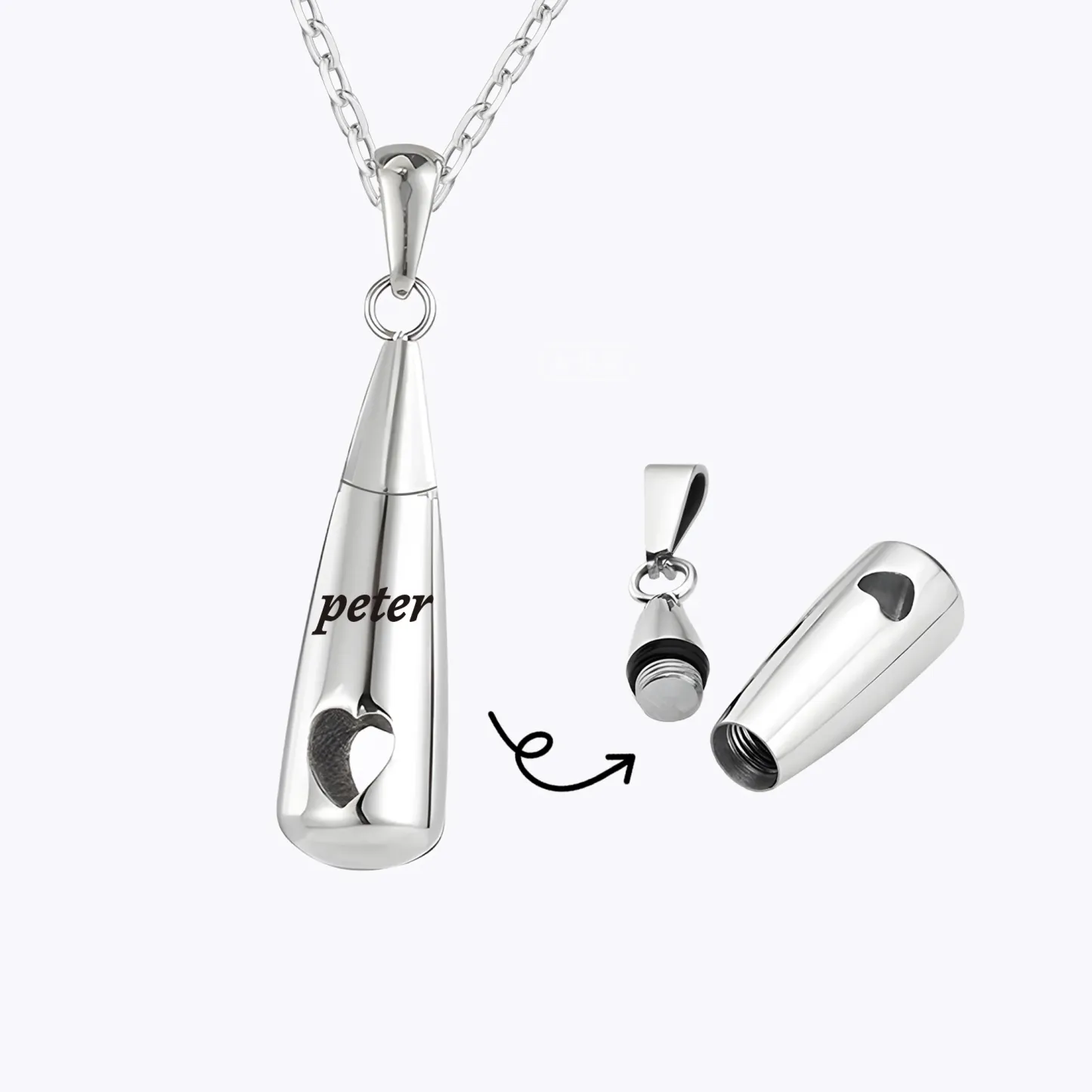Personalized Teardrop Shape Heart Cutout Urn Necklace with Name