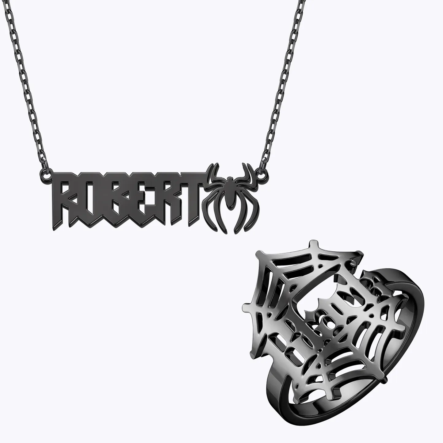 Personalized Halloween Spider Gothic Name Necklace and Cobweb Name Ring Set