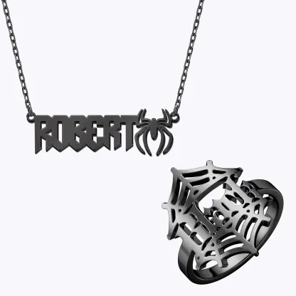 Personalized Halloween Spider Gothic Name Necklace and Cobweb Name Ring Set
