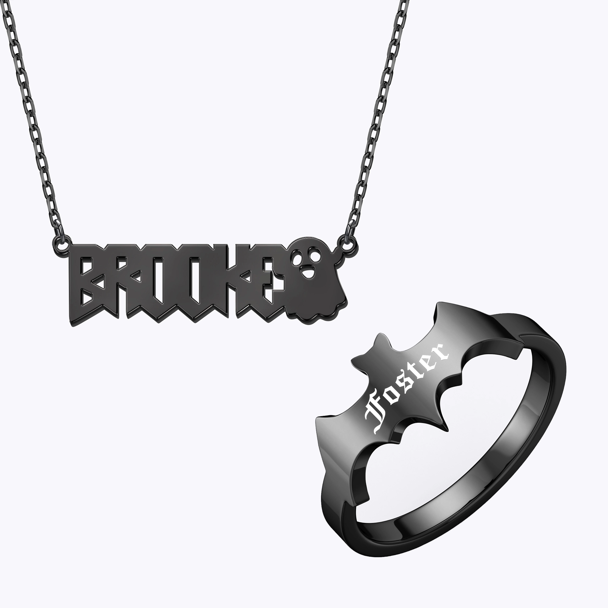 Personalized Halloween Ghost Gothic Name Necklace and Bat Name Ring Set