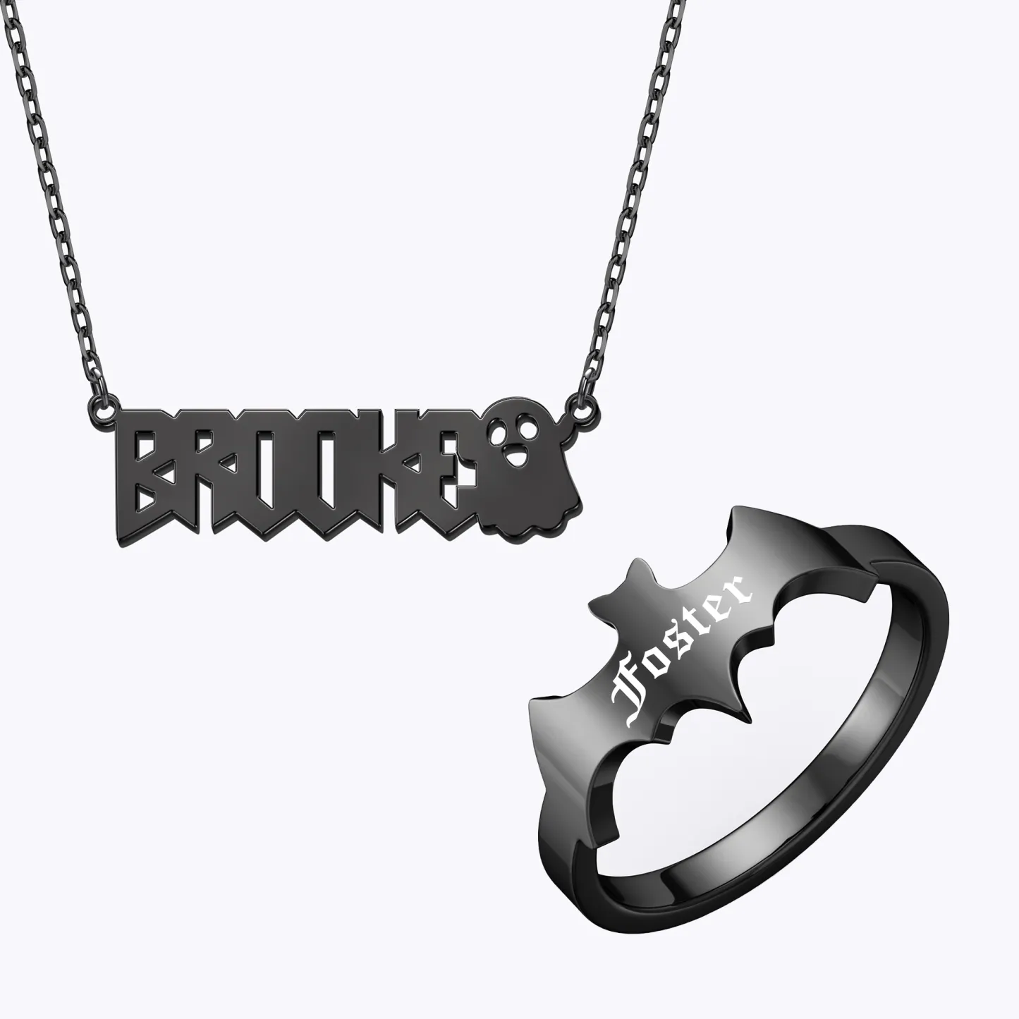 Personalized Halloween Ghost Gothic Name Necklace and Bat Name Ring Set