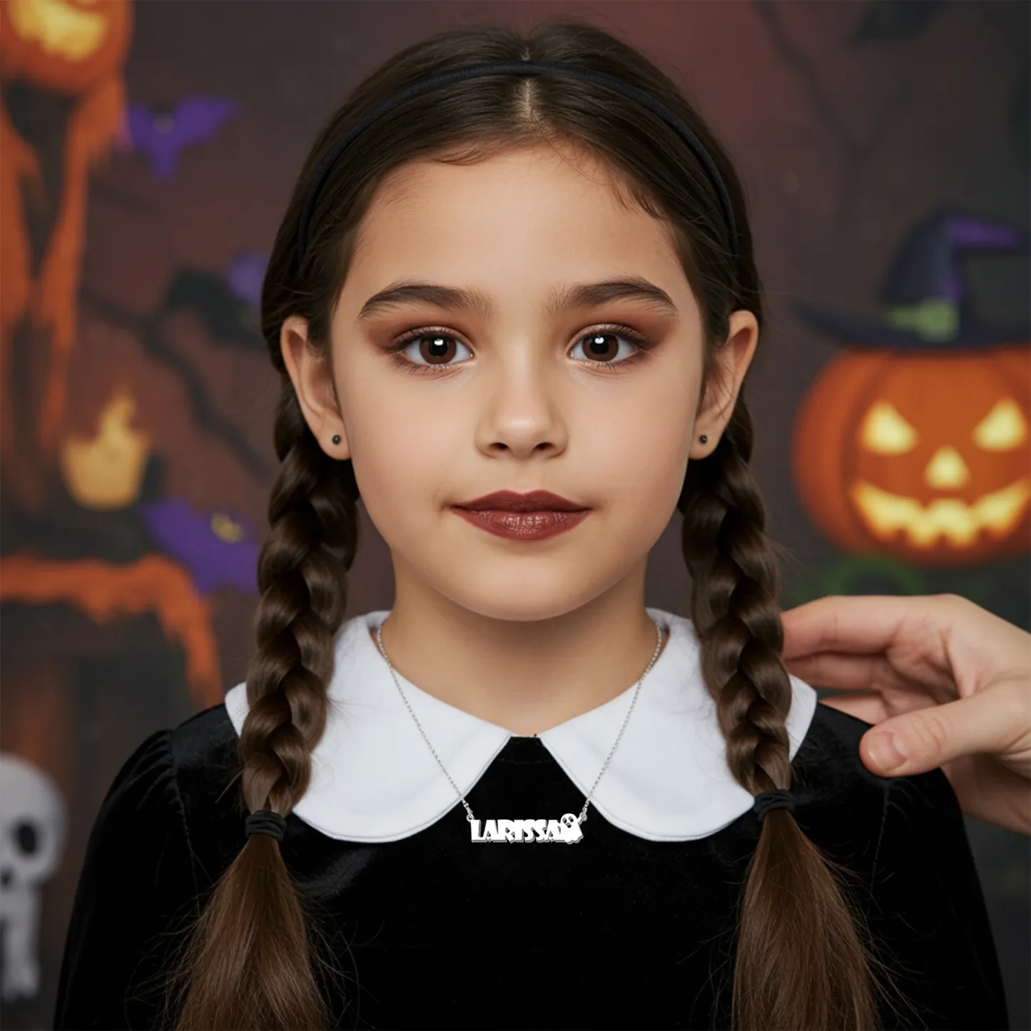 Personalized Halloween Ghost Gothic Name Necklace and Bat Name Ring Set